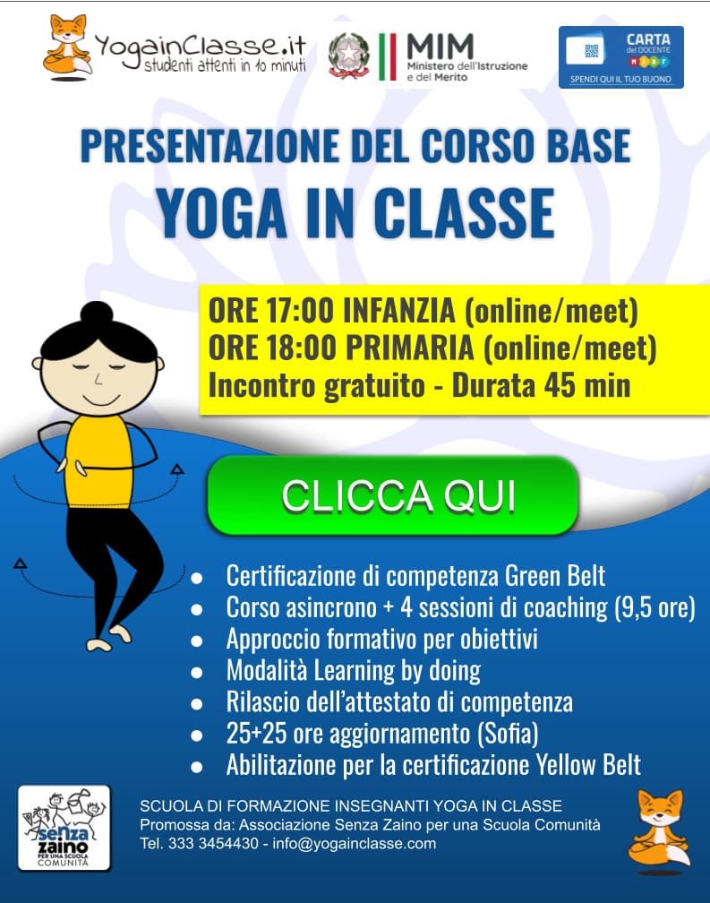 Locandina di presentazione del corso base Yoga in Classe per insegnanti della scuola dell’infanzia e primaria